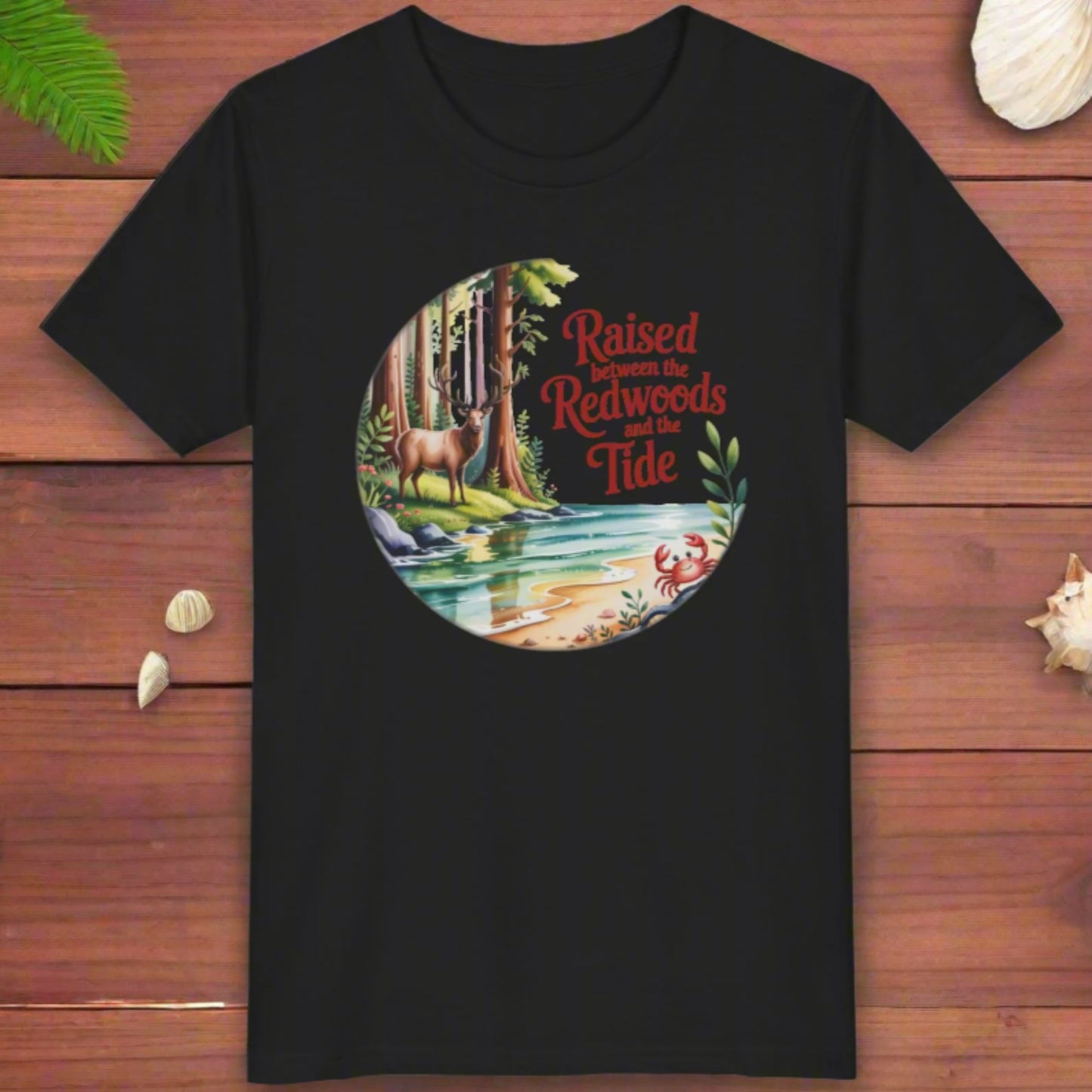 Black t-shirt with a nature-themed graphic and text on a white background