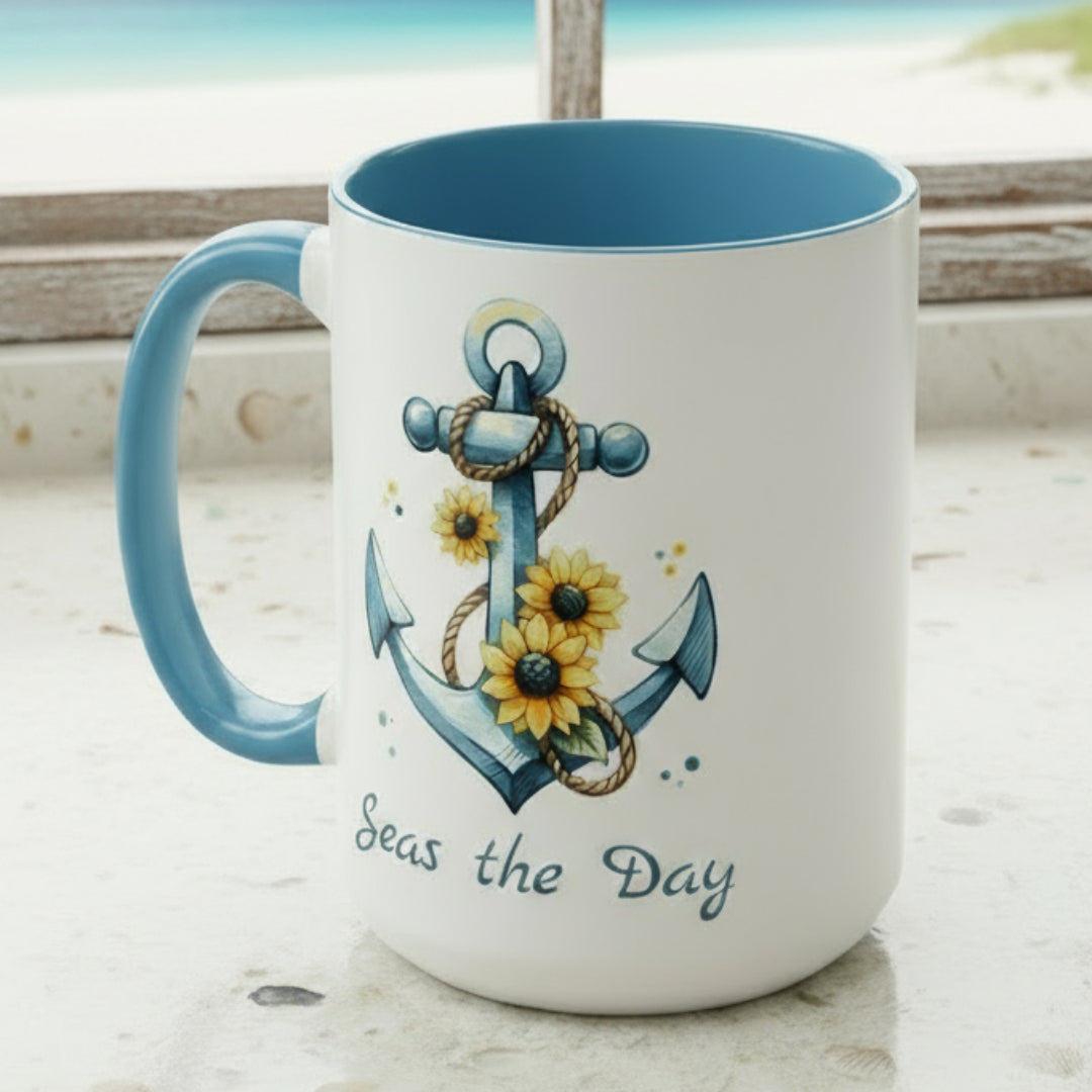 15 oz White mug with baby blue handle and interior with Anchor and Sunflowers with text Seas the Day