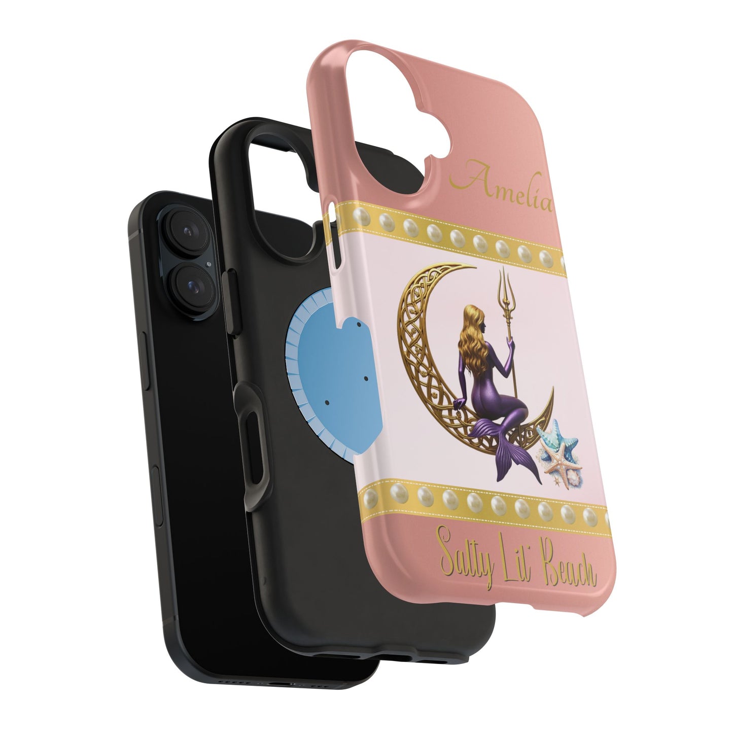 Phone case layers with a design of a mermaid and crescent moon on a pink background.