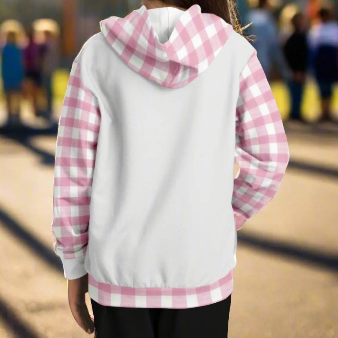 Back of Custom girl's hoodie with white front and back and pink and white gingham sleeves, kangaroo pouch and hoodie that says Living in a Beachy World in fancy font