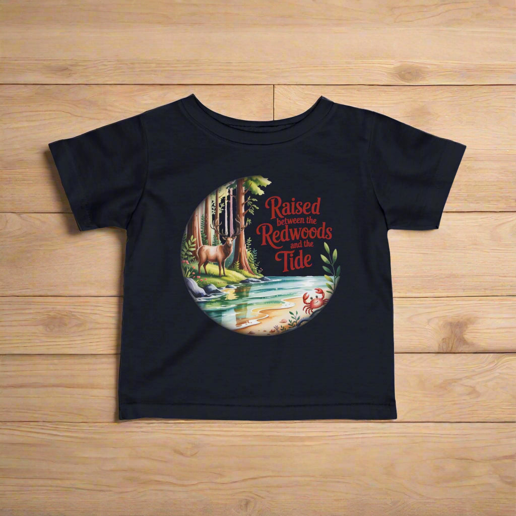 Navy blue t-shirt with a nature-themed graphic and text on a white background