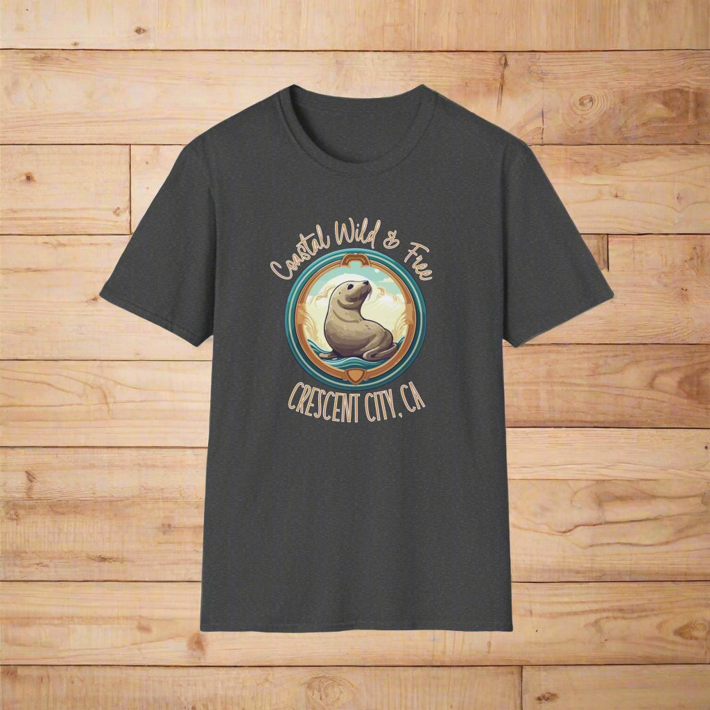 Dark gray t-shirt with a seal graphic and text on a white background