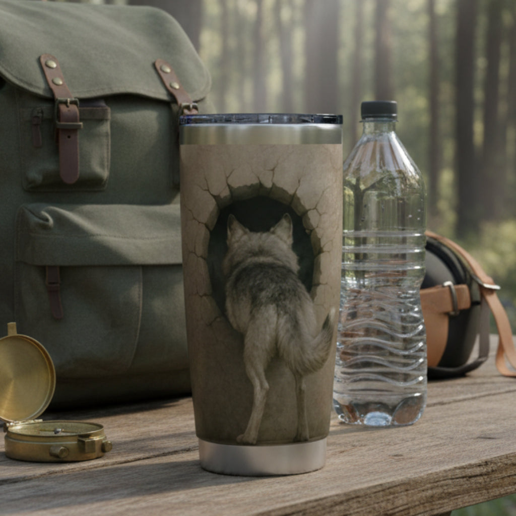 Personalized 20oz stainless steel tumbler with realistic wolf breaking through cracked wall on front and wolf walking into hole on back, custom text option.