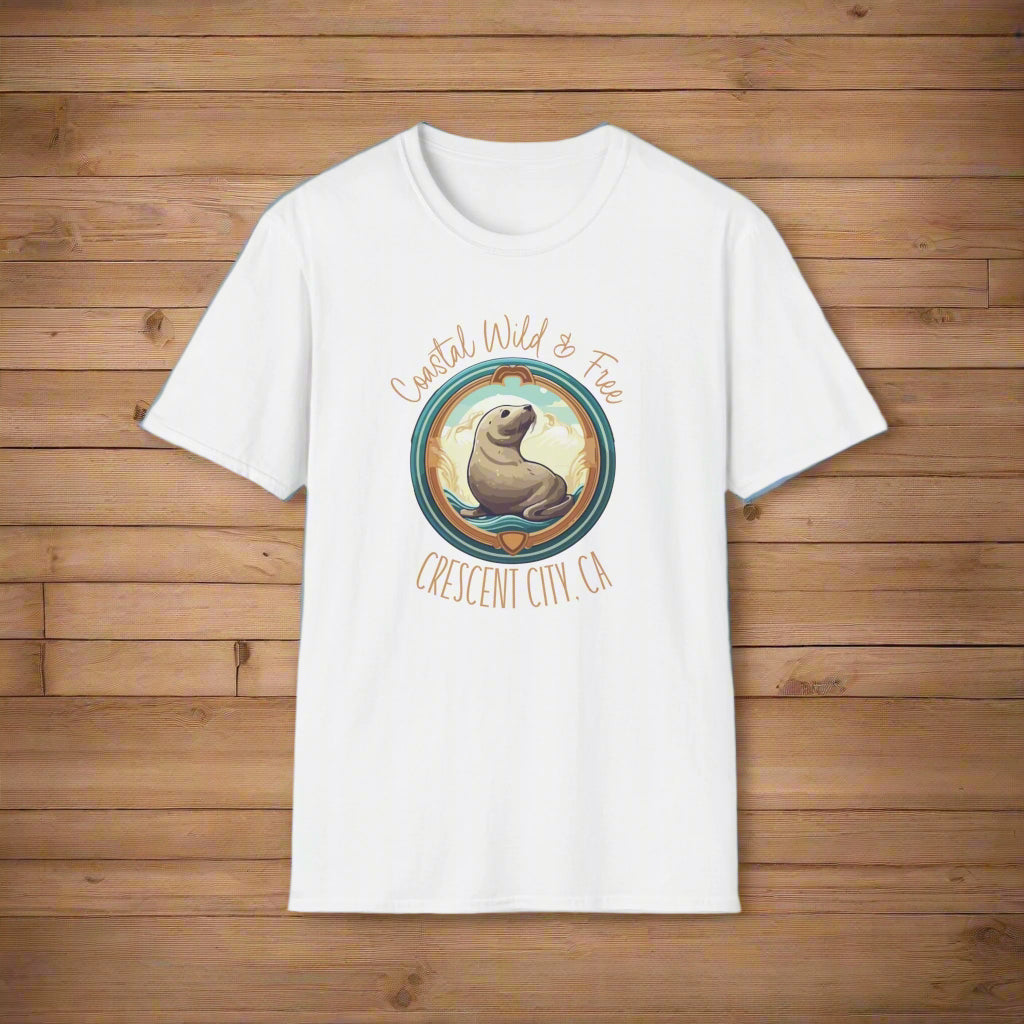 White t-shirt with a graphic of a seal and text on a white background