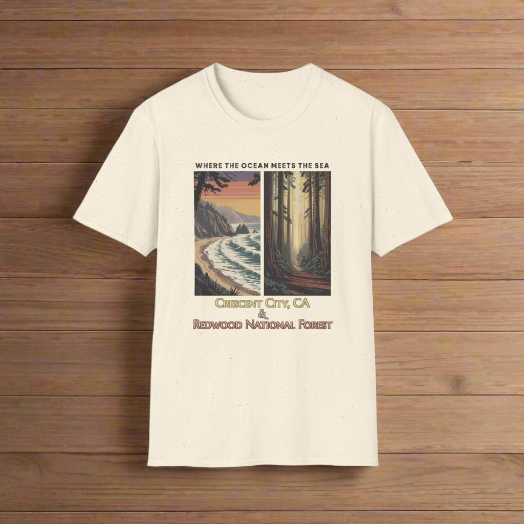 Natural Unisex softstyle souvenir t-shirt with Crescent City & Redwood National Forest design in a California coastal theme.