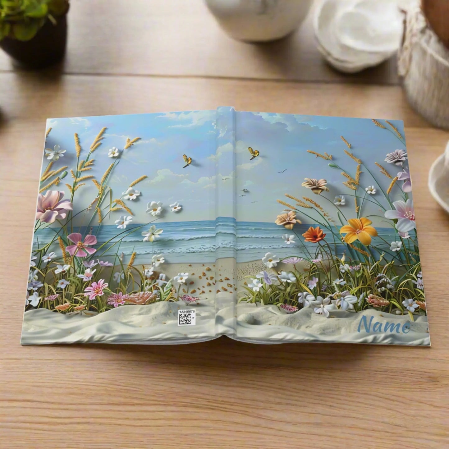 Openned Flowery beach scene on a Hardcover Journal Personalized with name.