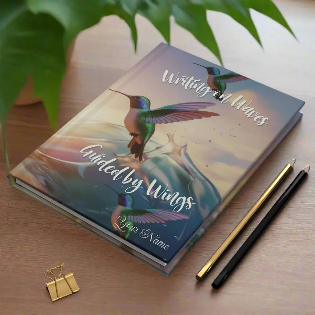 Our hardcover journal brings a touch of ocean magic with a beautifully designed ocean sunset scene with hummingbirds flying with the text Writing on Waves on front and back. Perfect for journaling, sketching, or organizing your thoughts, it’s both stylish