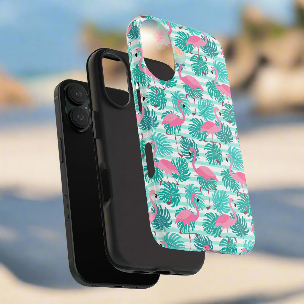 Phone case with flamingo and leaf pattern on a white background