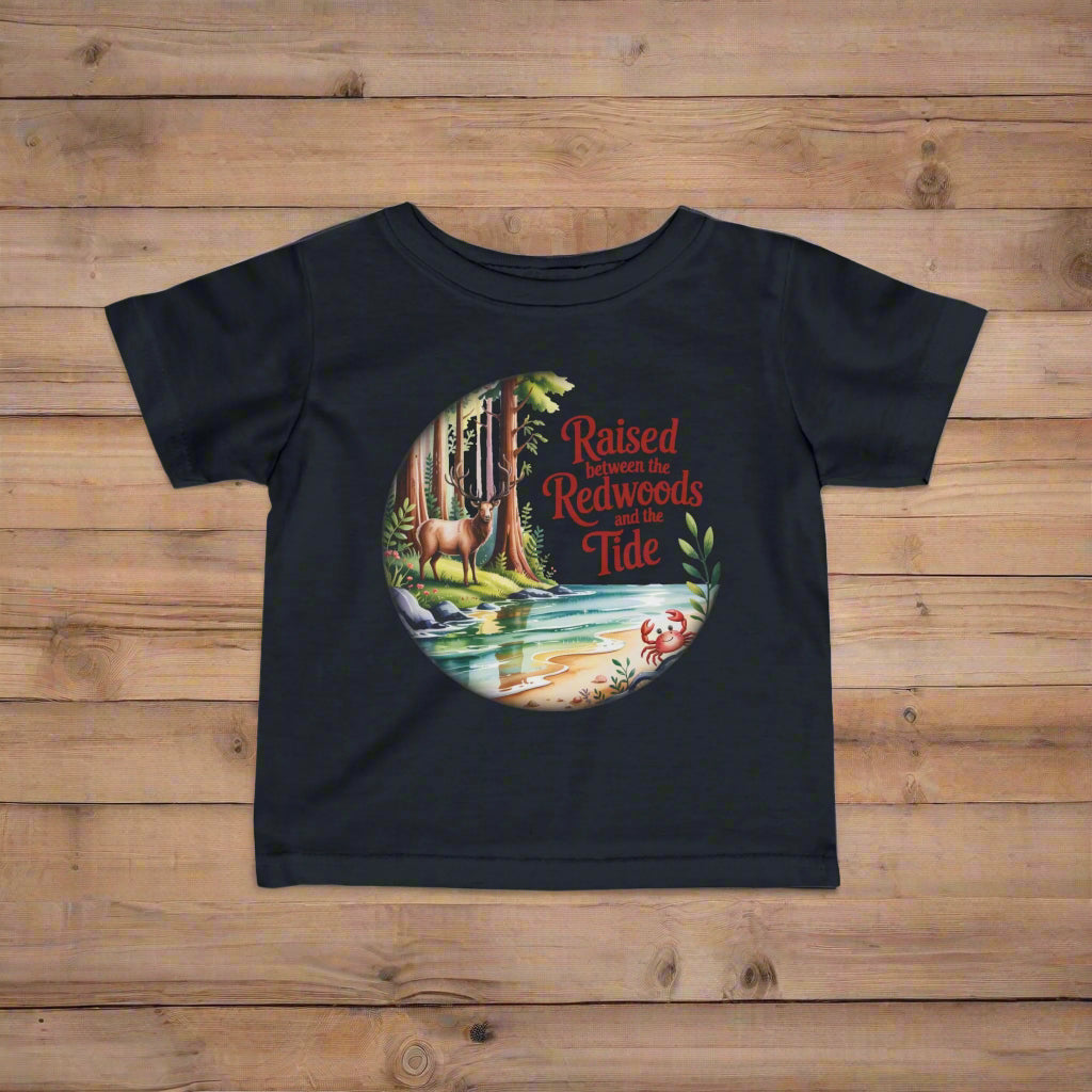 Black t-shirt with nature-themed graphic and text on a white background