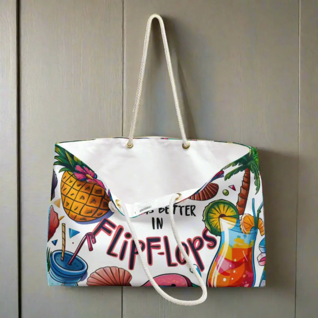 A weekender bag with a white background with pictures of a pineapple, cocktails, seashells and palm tree and says life is better in flip flops