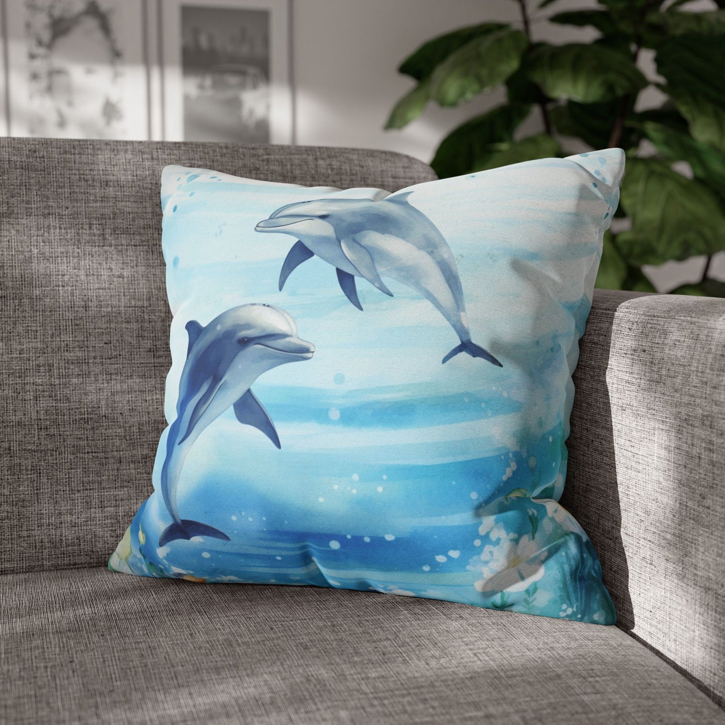 Pillow cover with a watercolor design of two dolphins in the water with flowers along the bottom edges.