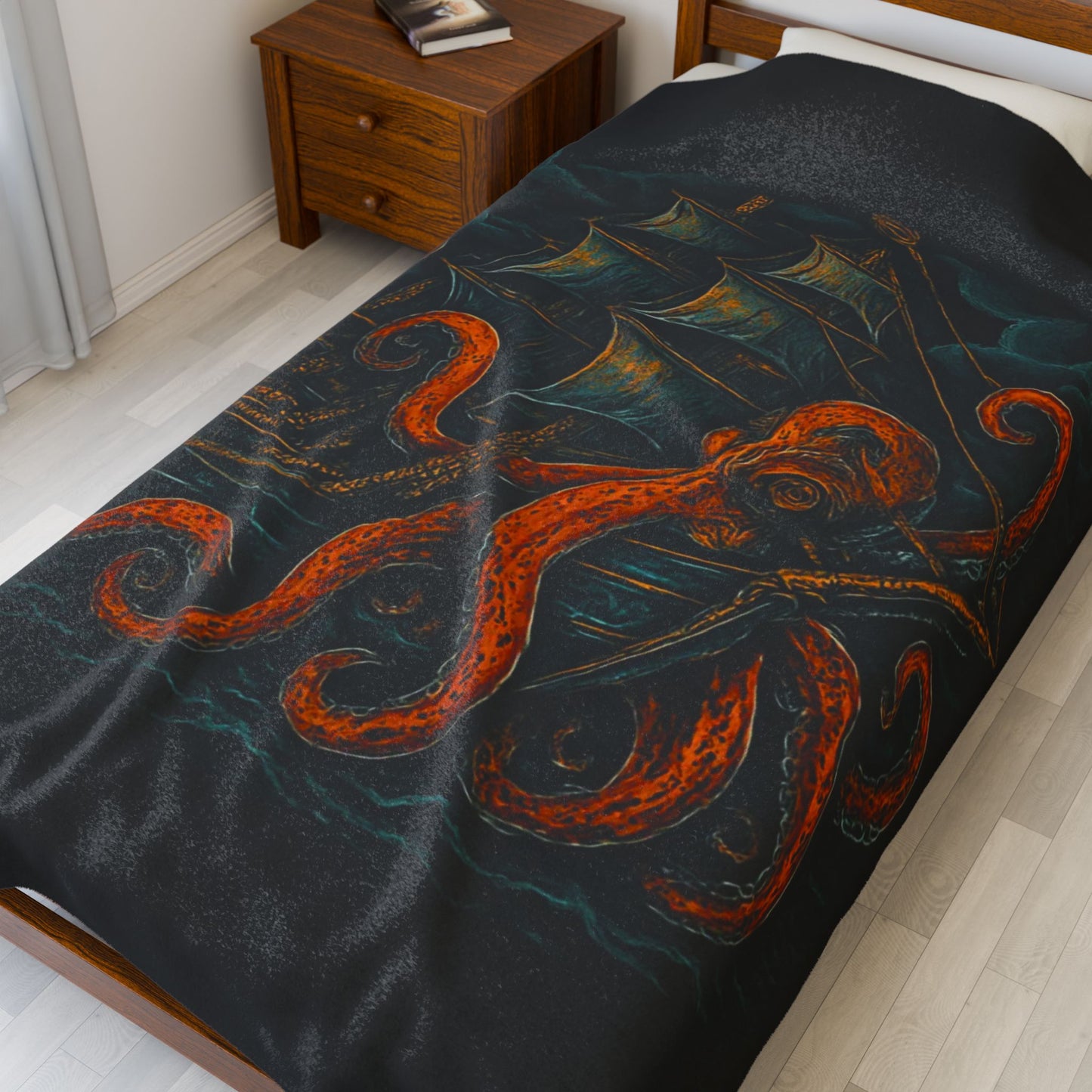 60" x 80" Black velveteen blanket with an octopus enveloping a pirate ship with stormy clouds in the background.