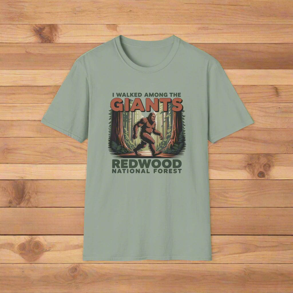 Sage green t-shirt with 'I Walked Among the Giants' Redwood National Forest graphic on a white background
