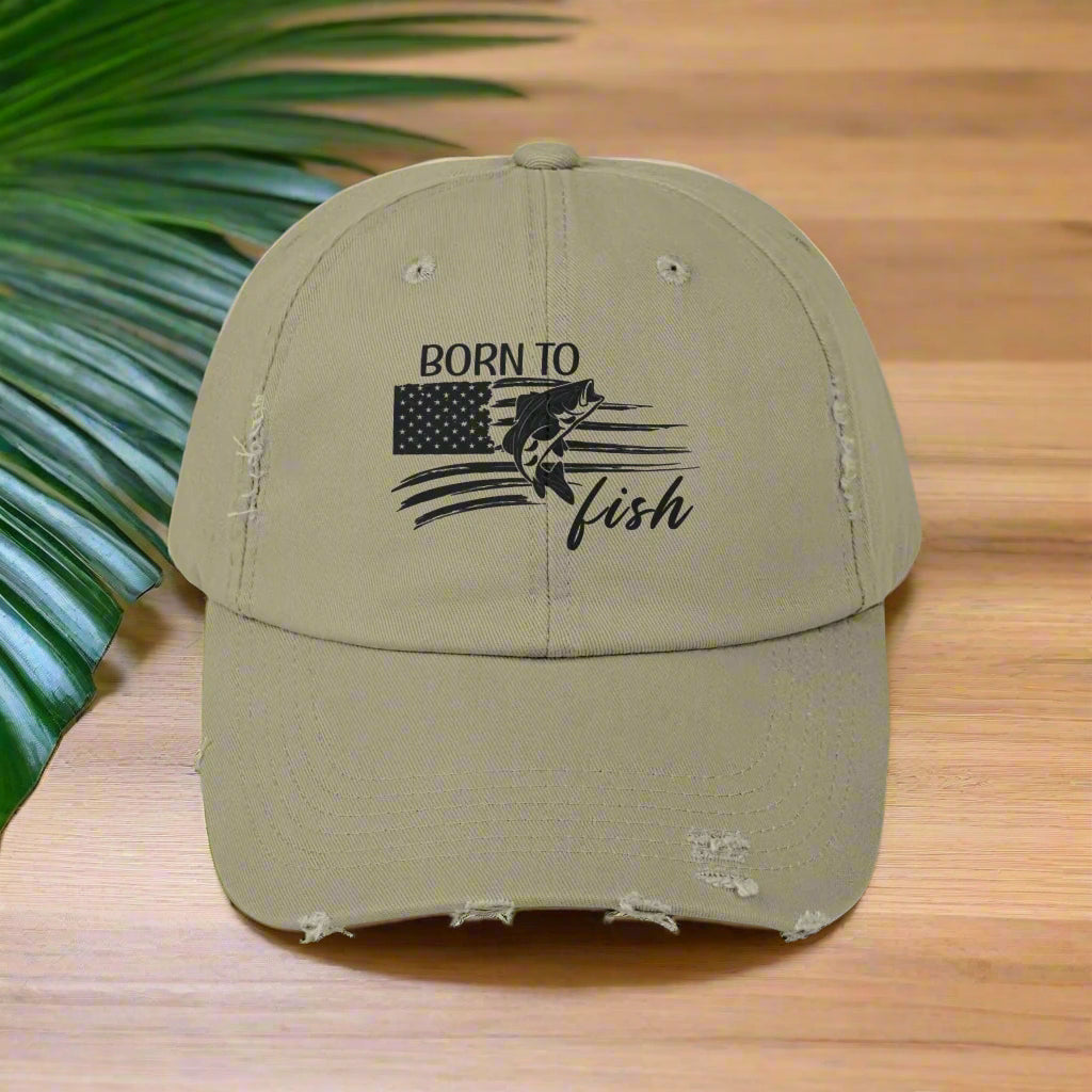 Born to Fish Unisex Distressed Cap - Perfect for Anglers and Outdoor Enthusiasts Hats Light-Olive-One-size Everythings Beachy