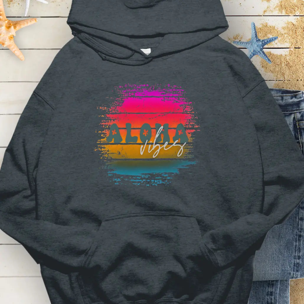 Dark Heather hoodie with retro sunset with text Aloha Vibes