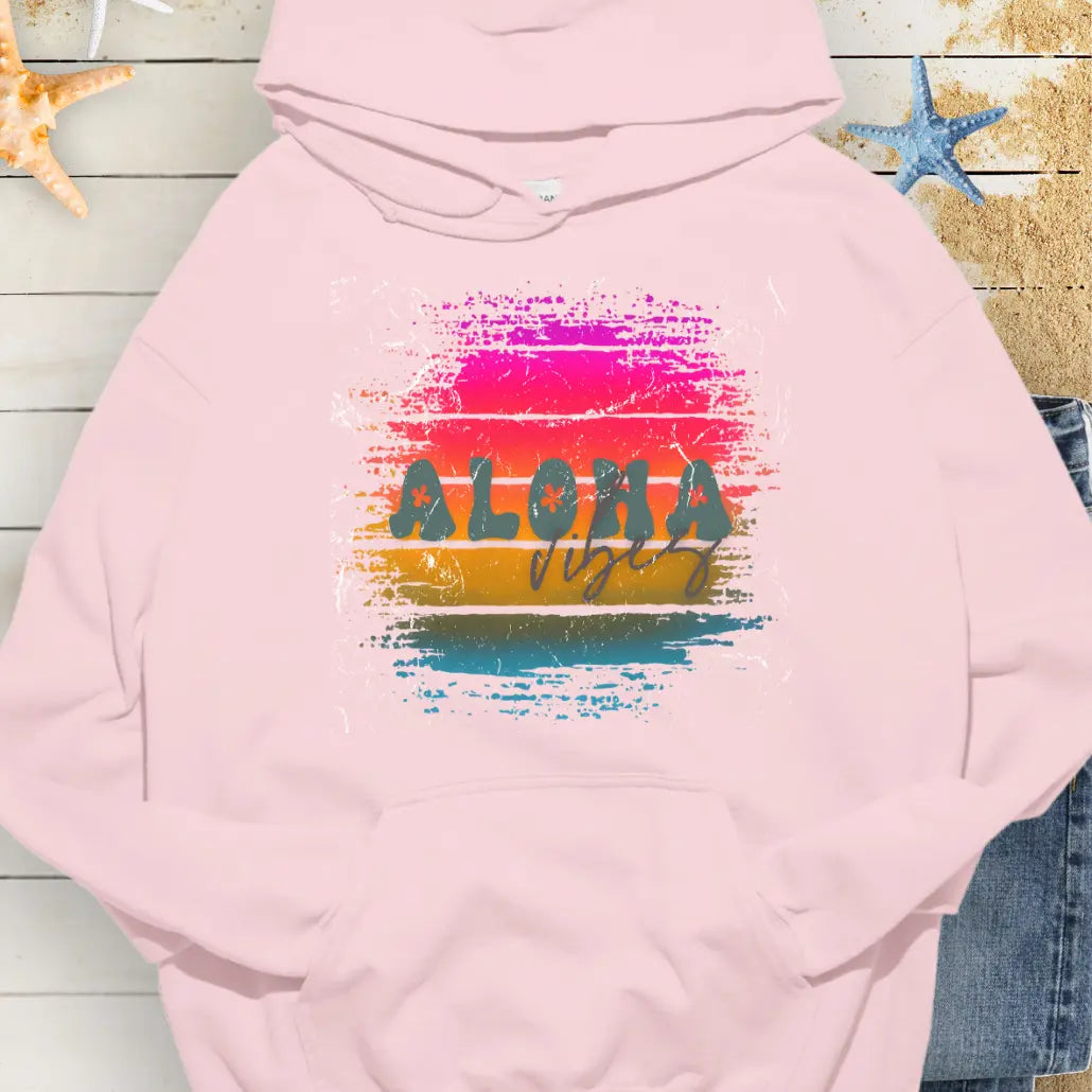 Pink hoodie with retro sunset with text Aloha Vibes