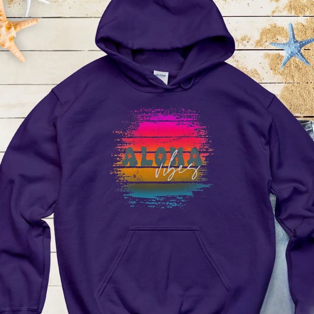 Navy hoodie with retro sunset with text Aloha Vibes.