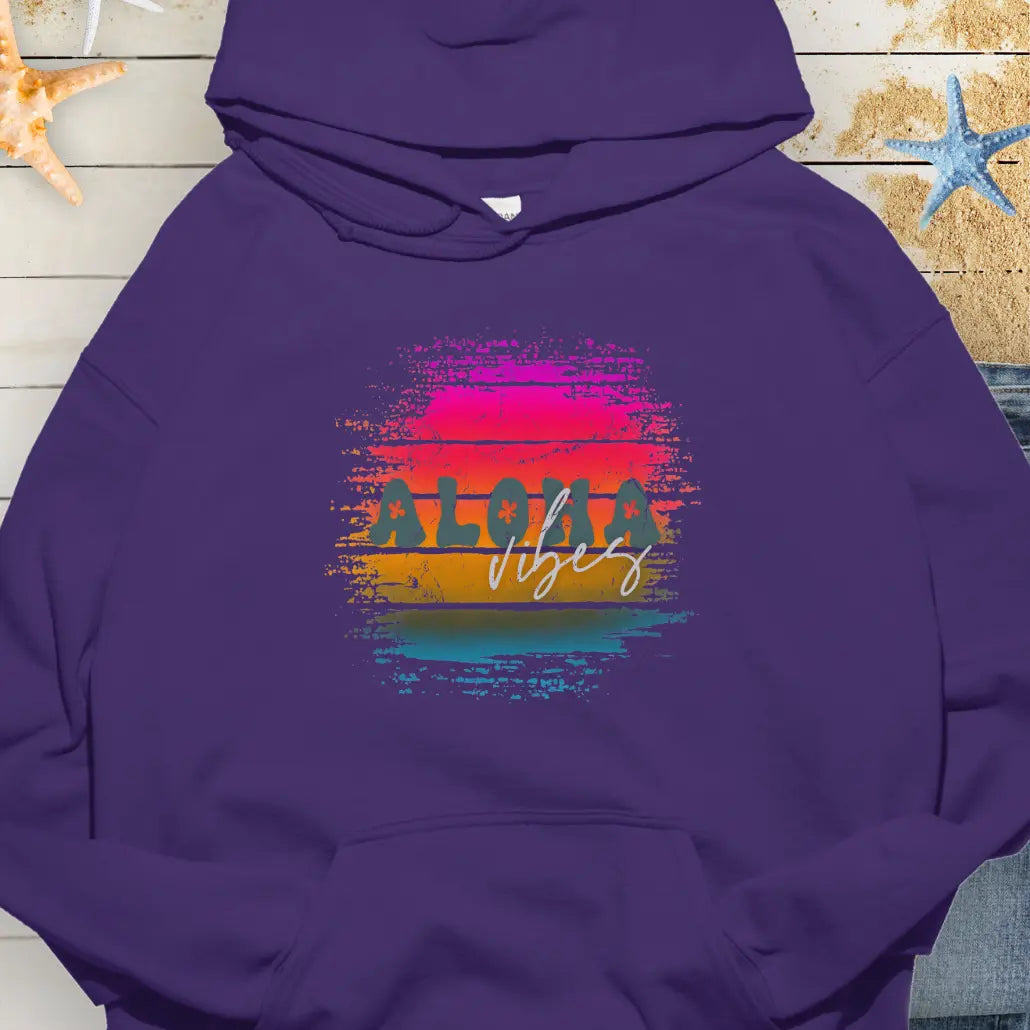 Purple hoodie with retro sunset with text Aloha Vibes.