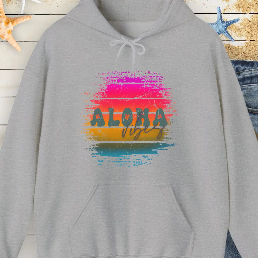 Gray hoodie with retro sunset with text Aloha Vibes.