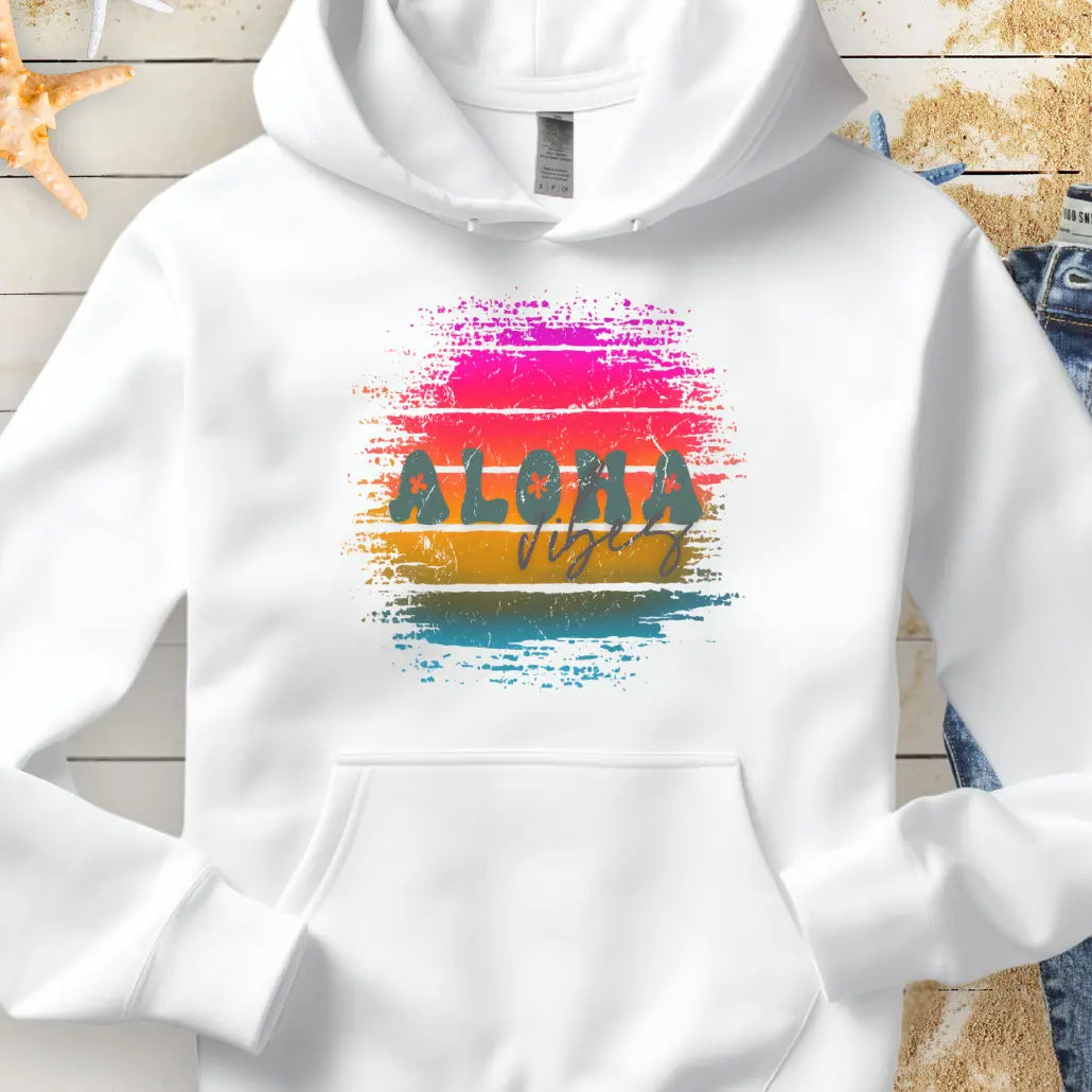 White hoodie with retro sunset with text Aloha Vibes.