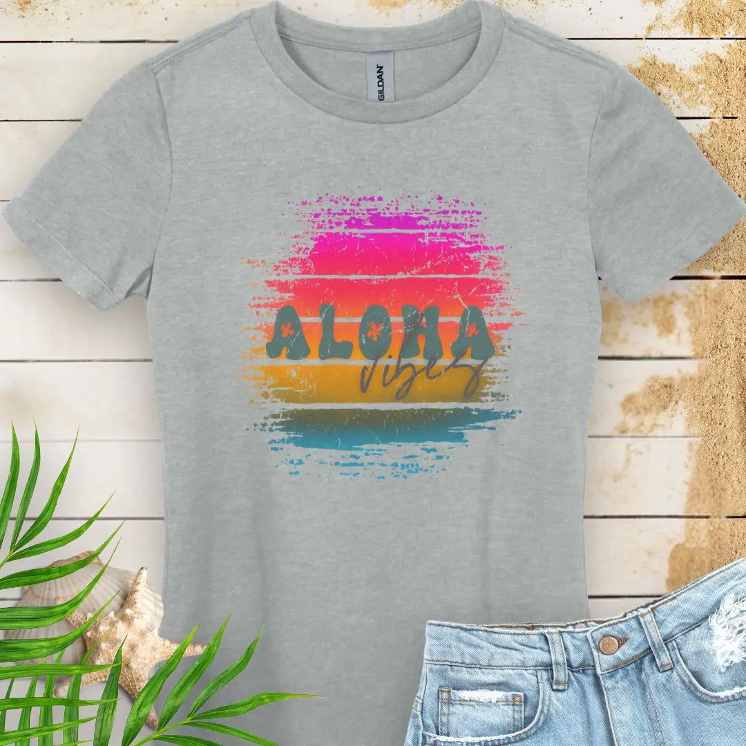 A sport gray women's t-shirt with 'Aloha Vibes' text and a colorful sunset design.