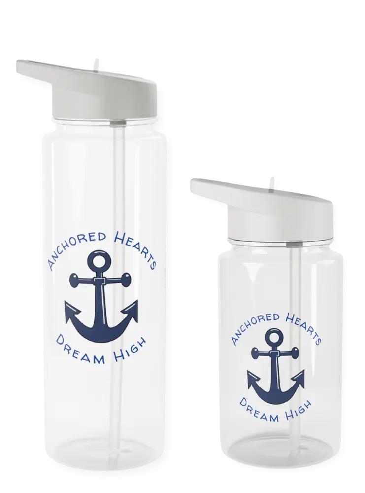 Clear water bottle with a gray twist top and clear straw. On the water bottle is a blue anchor and the words Anchored Hearts and Dream High surrounding the anchor.