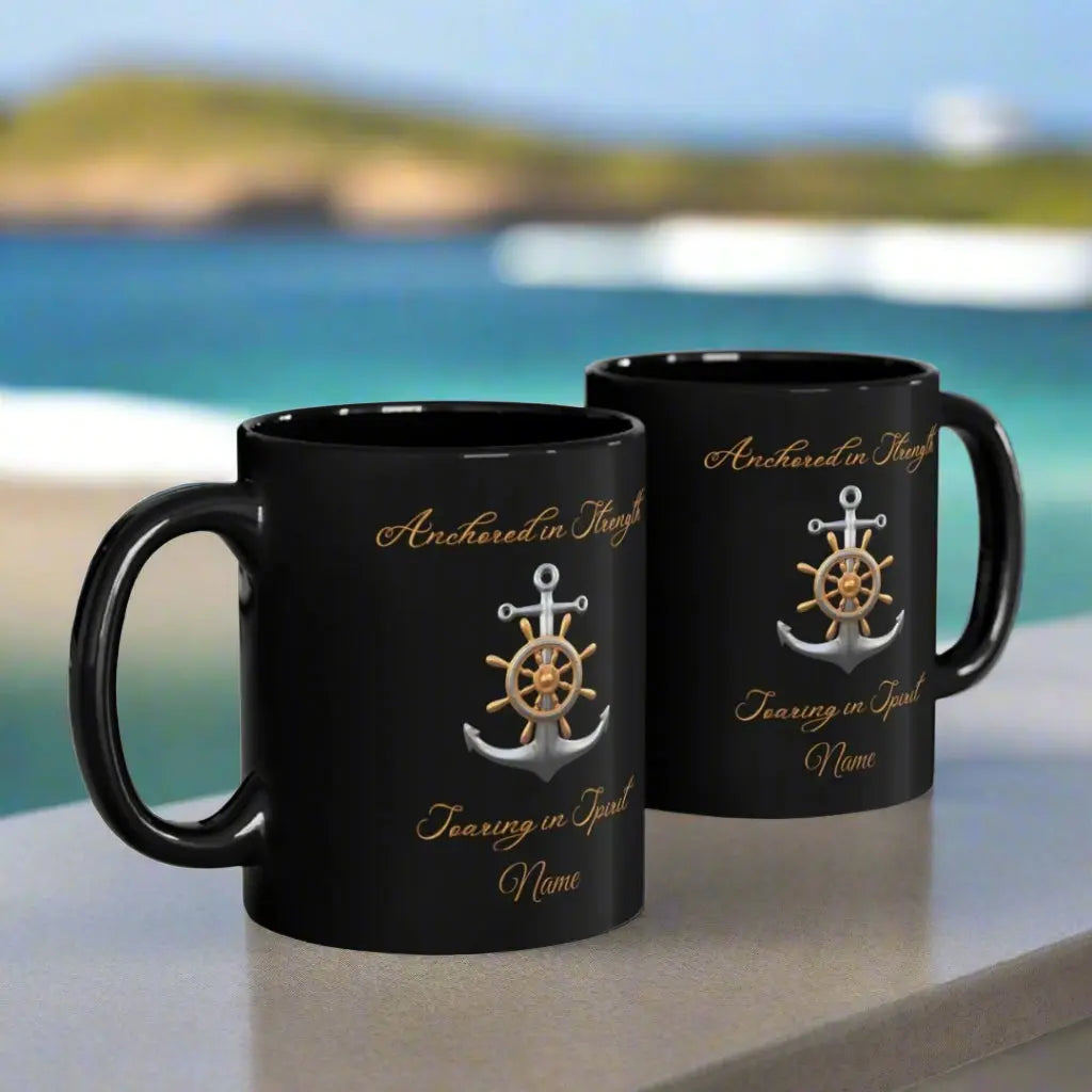 2 black 11 oz. mugs with an anchor that says Anchored in Strength Soaring in Spirit with Personalization