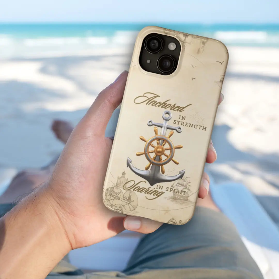 iPhone-16-Pro-Max nautical map phone case with anchor with ship wheel and phrase Anchored Hearts Soaring Spirit design for iPhone and Samsung.
