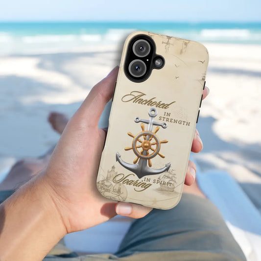 iPhone-16-Plus nautical map phone case with anchor with ship wheel and phrase Anchored Hearts Soaring Spirit design for iPhone and Samsung.