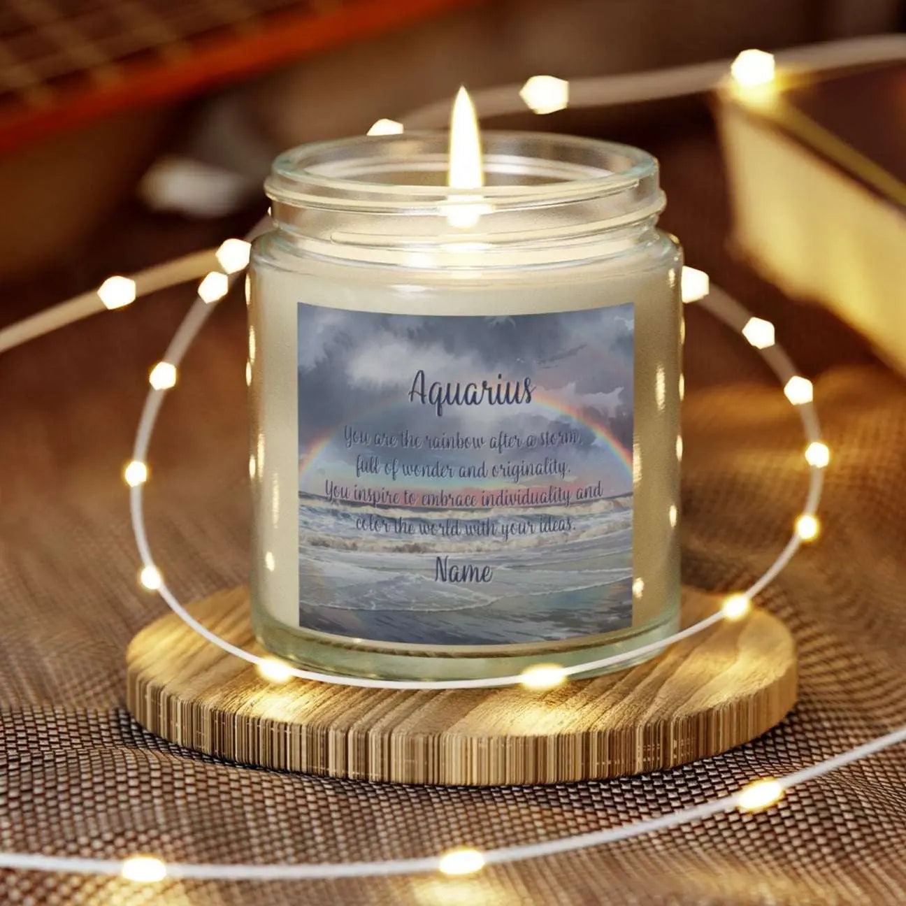 Elegant Scorpio Zodiac hand-poured coconut apricot wax scented candle in a 4 oz clear glass jar, featuring a picture of a rainbow over the ocean and an inspirational quote personalized. A beach-inspired astrology gift, perfect for relaxation and decor.