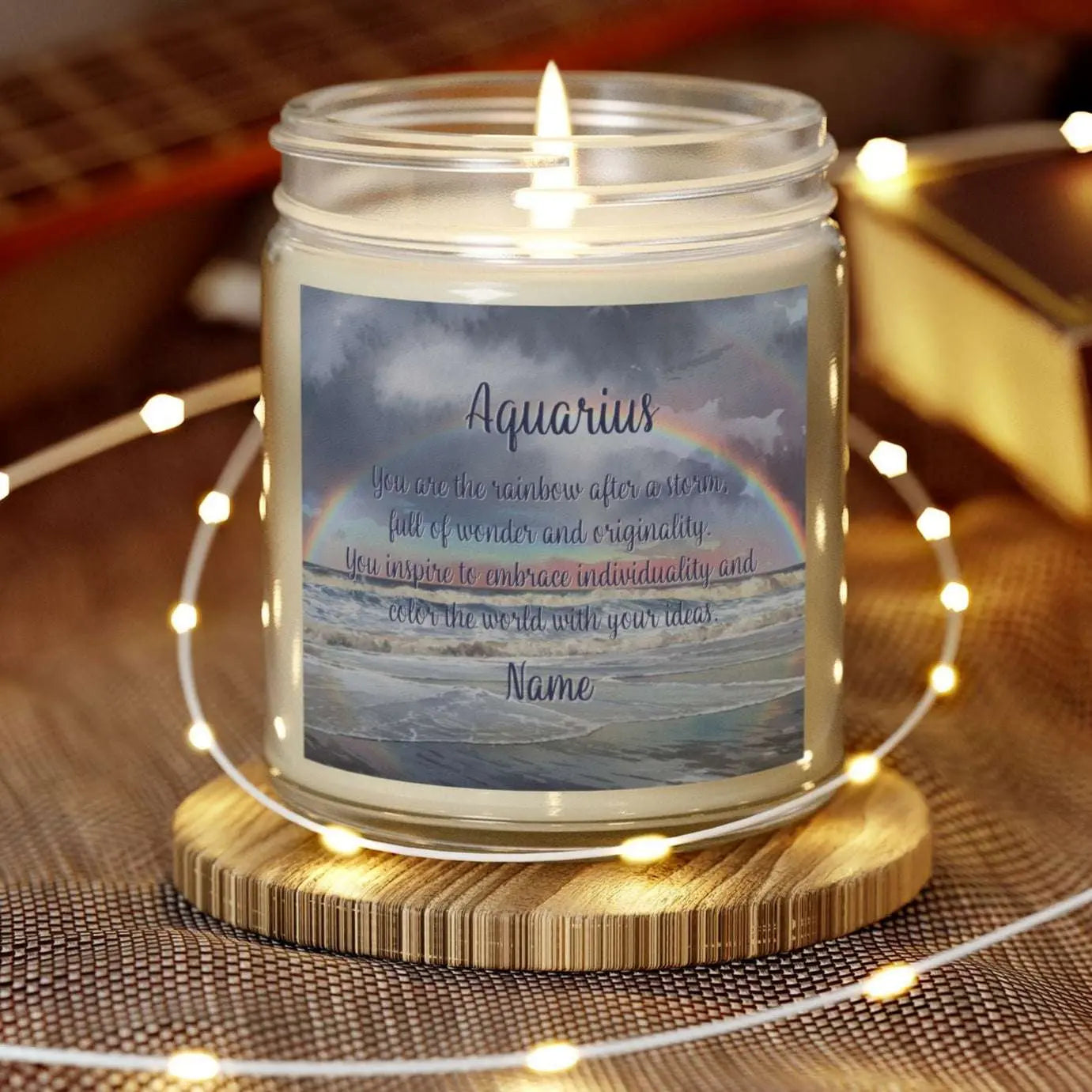 Elegant Scorpio Zodiac hand-poured coconut apricot wax scented candle in a 9 oz clear glass jar, featuring a picture of a rainbow over the ocean and an inspirational quote personalized. A beach-inspired astrology gift, perfect for relaxation and decor.