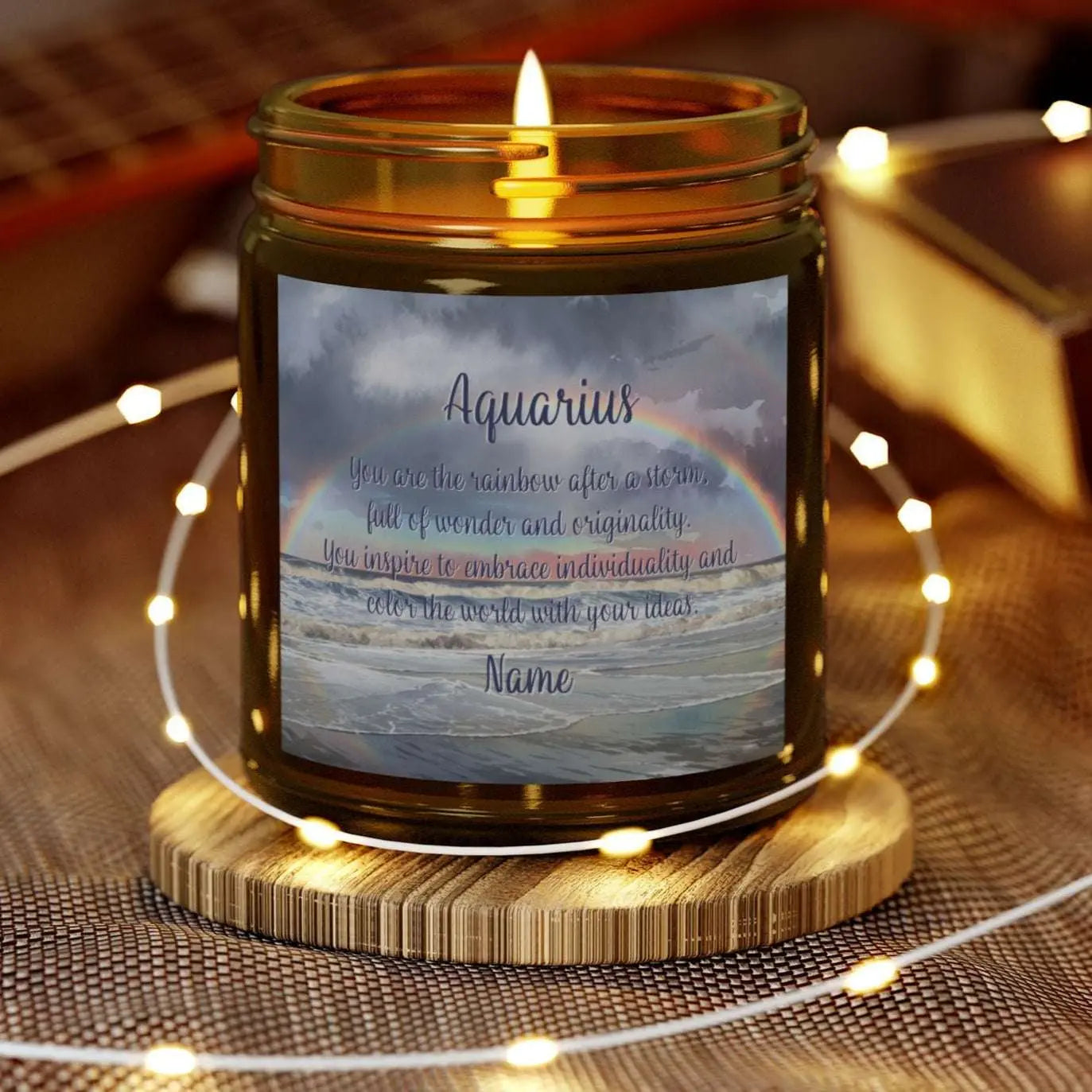 Elegant Scorpio Zodiac hand-poured coconut apricot wax scented candle in a 9 oz amber glass jar, featuring a picture of a rainbow over the ocean and an inspirational quote personalized. A beach-inspired astrology gift, perfect for relaxation and decor.