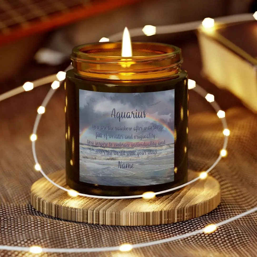 Elegant Scorpio Zodiac hand-poured coconut apricot wax scented candle in a 4 oz amber glass jar, featuring a picture of a rainbow over the ocean and an inspirational quote personalized. A beach-inspired astrology gift, perfect for relaxation and decor.