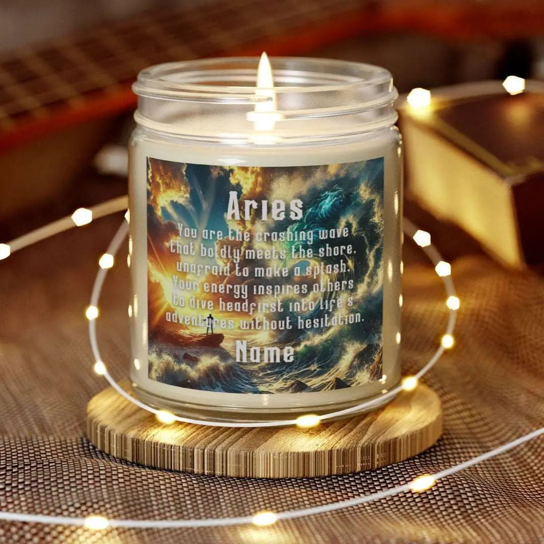 Elegant Cancer Zodiac hand-poured coconut apricot wax scented candle in a 9 oz clear glass jar, featuring a scene of crashing waves with a man in the distance on a rock with the bright sun shining off of the waves and an inspirational quote personalized. A beach-inspired astrology gift, perfect for relaxation and decor.