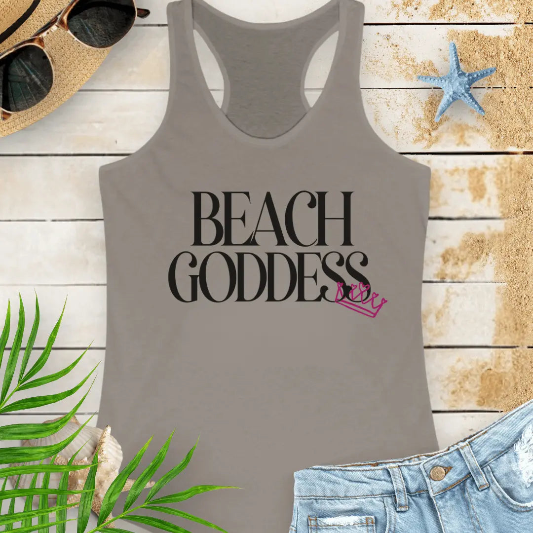 Gray Racerback Tank Top with the text Beach Goddess with a crown hanging off of the bottom of the text -stylish tank is great for vacations, beach days, or casual wear.