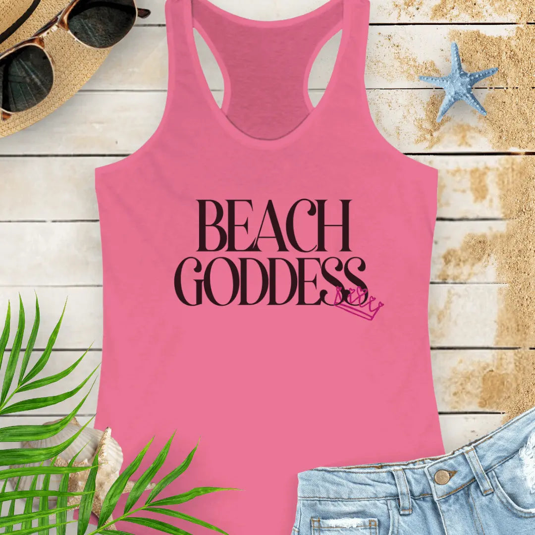 Hot Pink Racerback Tank Top with the text Beach Goddess with a crown hanging off of the bottom of the text -stylish tank is great for vacations, beach days, or casual wear.