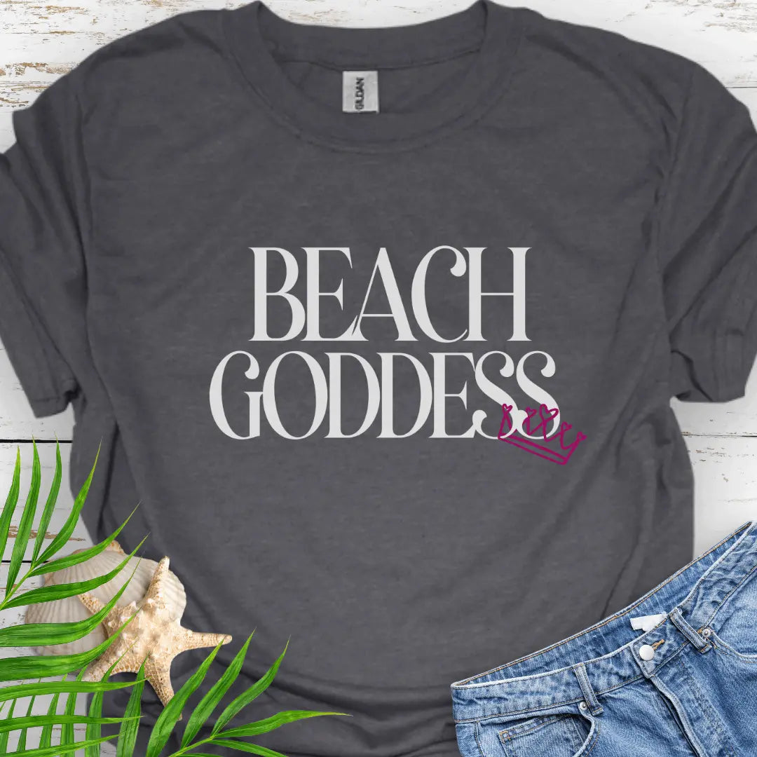 Dark heather T-Shirt with the text Beach Goddess with a crown hanging off of the bottom of the text -stylish tee is great for vacations, beach days, or casual wear.