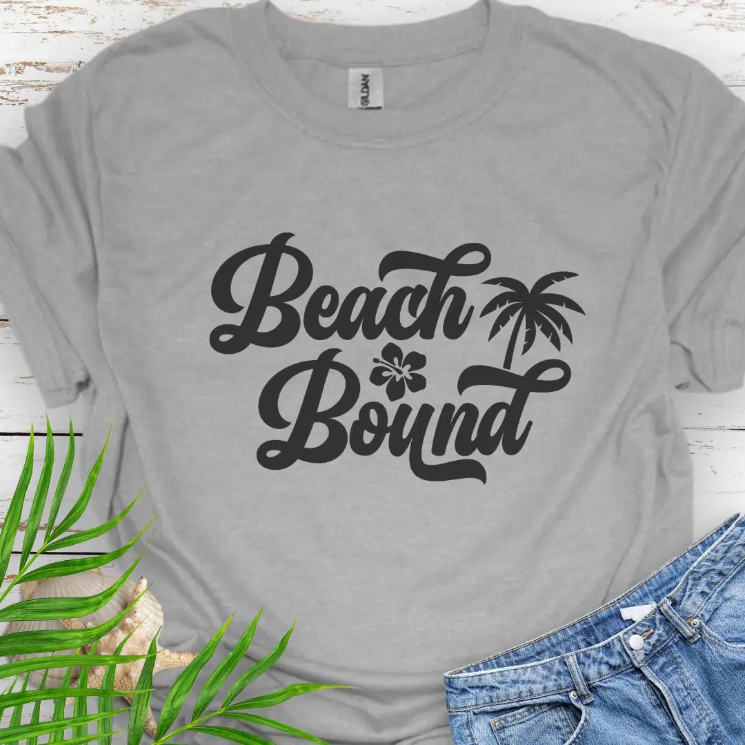 Sport Gray T-shirt showing your Beach Bound with a palm tree and hibiscus flower summer vibe!