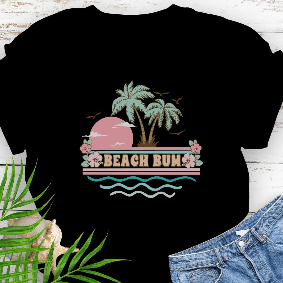 A pastel retro beach scene that says Beach Bum Black T-shirt.