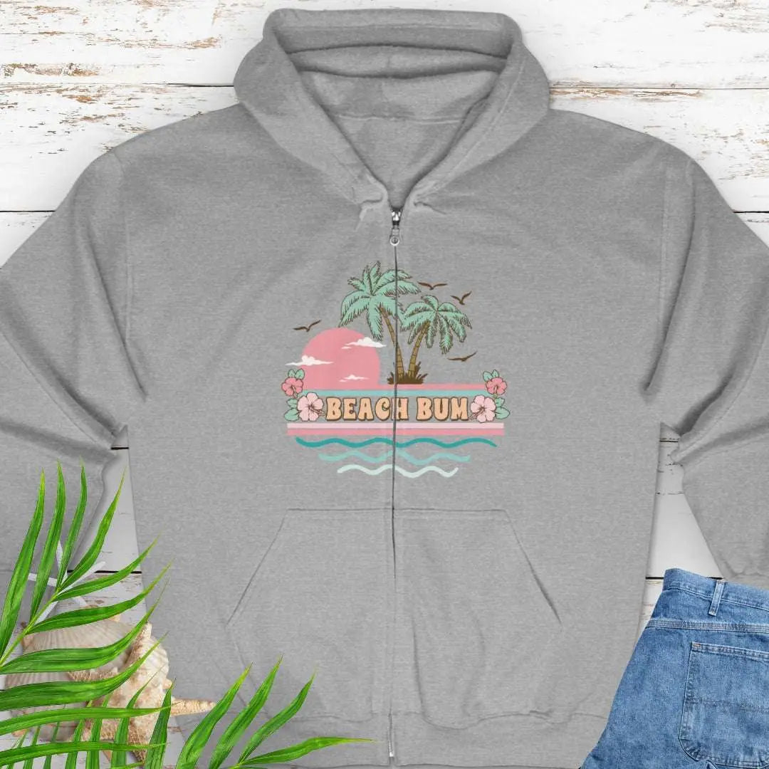 A pastel retro beach scene that says Beach Bum Sport Grey zippered sweatshirt with hood.