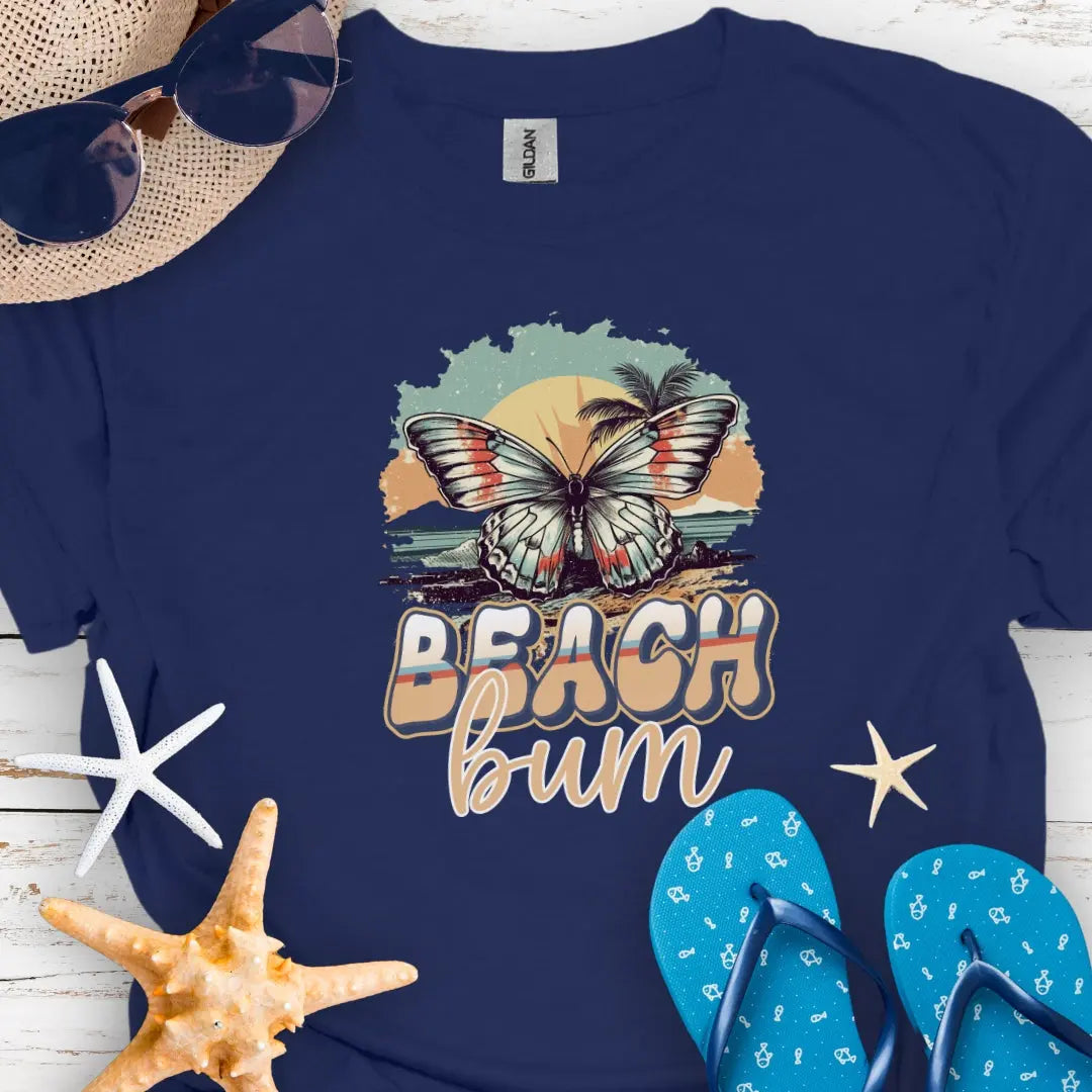 Navy t-shirt with butterfly in sunset with text Beach Bum.