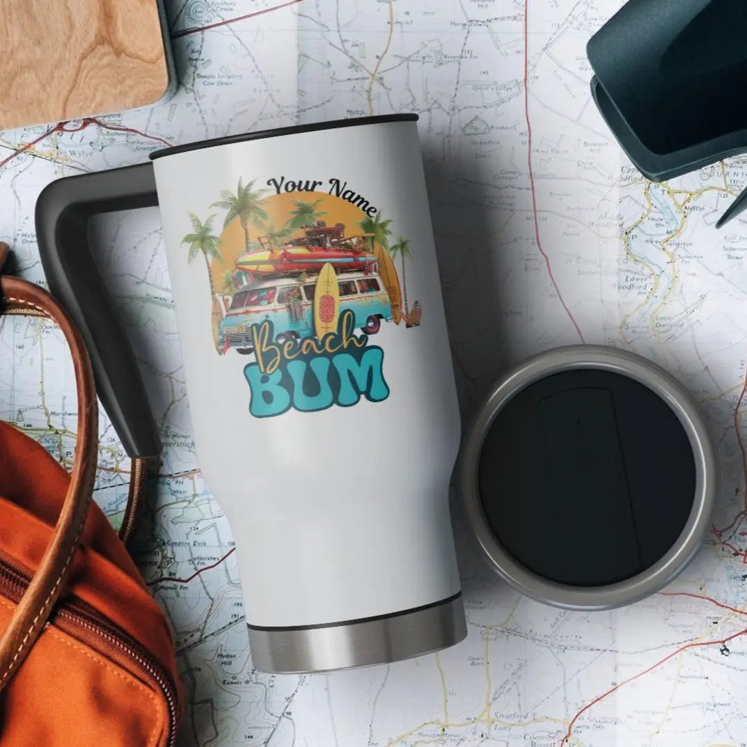 White 14 oz travel mug with beach scene and text Beach Bum with personalized name overhead view