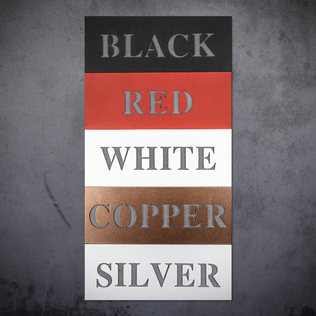 Metal sign color chart black, red, white, copper and silver for metal wall art shaped like a ship wheel with the words “Beach House” cut out in the center, available in multiple colors and sizes.