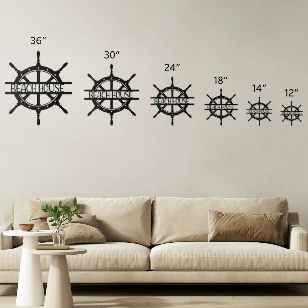 Size chart for metal wall art shaped like a ship wheel with the words “Beach House” cut out in the center, available in multiple colors and sizes.