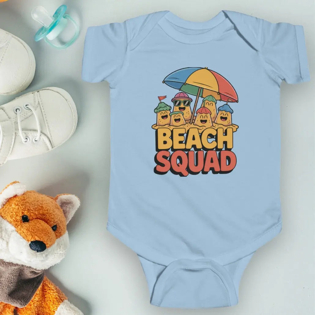 Light Blue 'Beach Squad' Infant Bodysuit featuring a playful design of sand castle people under a big beach umbrella.