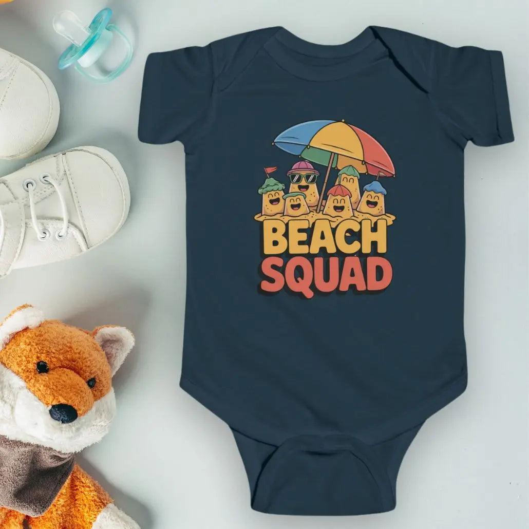 Navy 'Beach Squad' Infant Bodysuit featuring a playful design of sand castle people under a big beach umbrella.