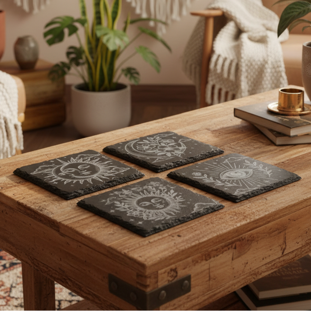 Four black slate coasters with engraved celestial designs.