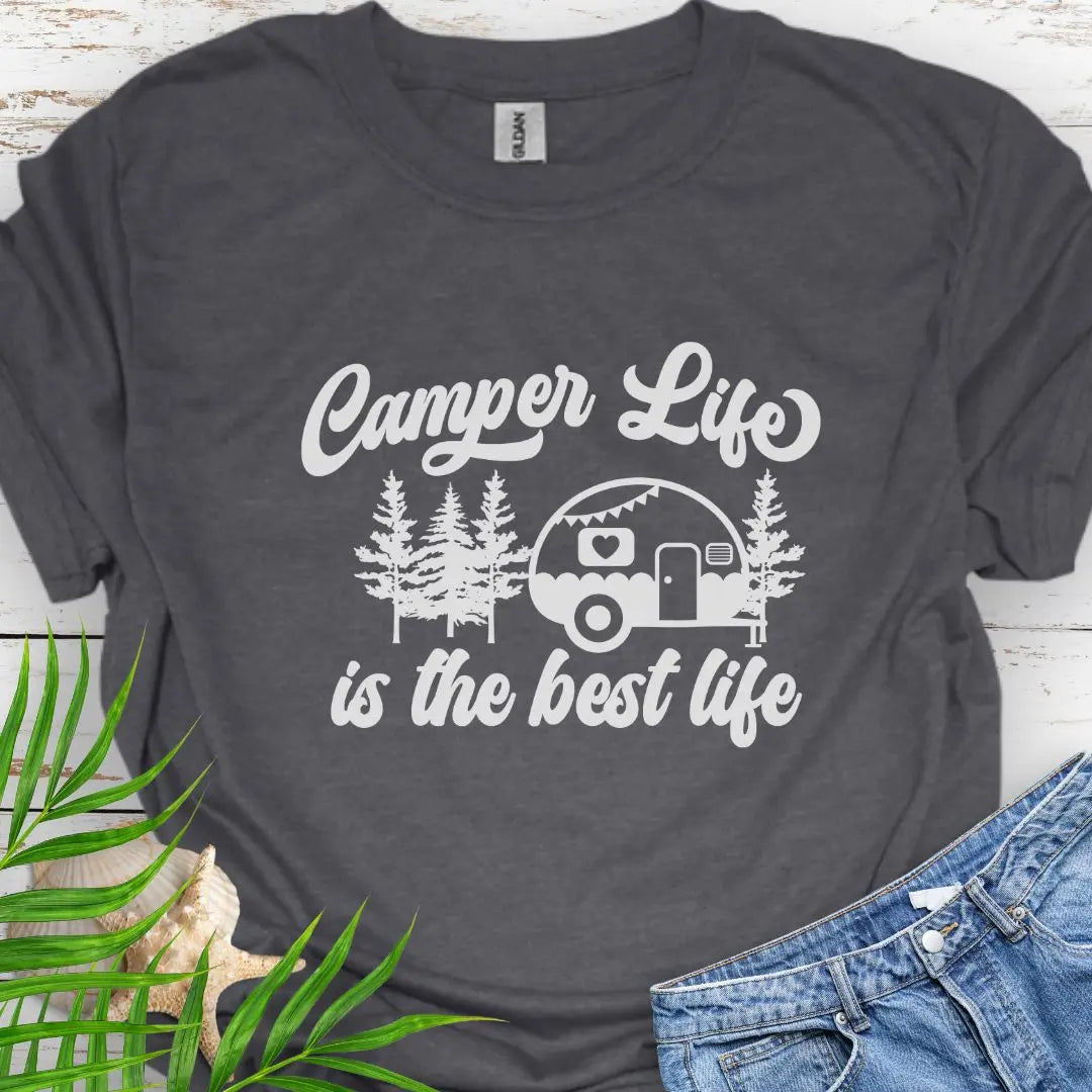 A cute vintage camper among the forest that says Camper Life is the good life in Dark Heather.