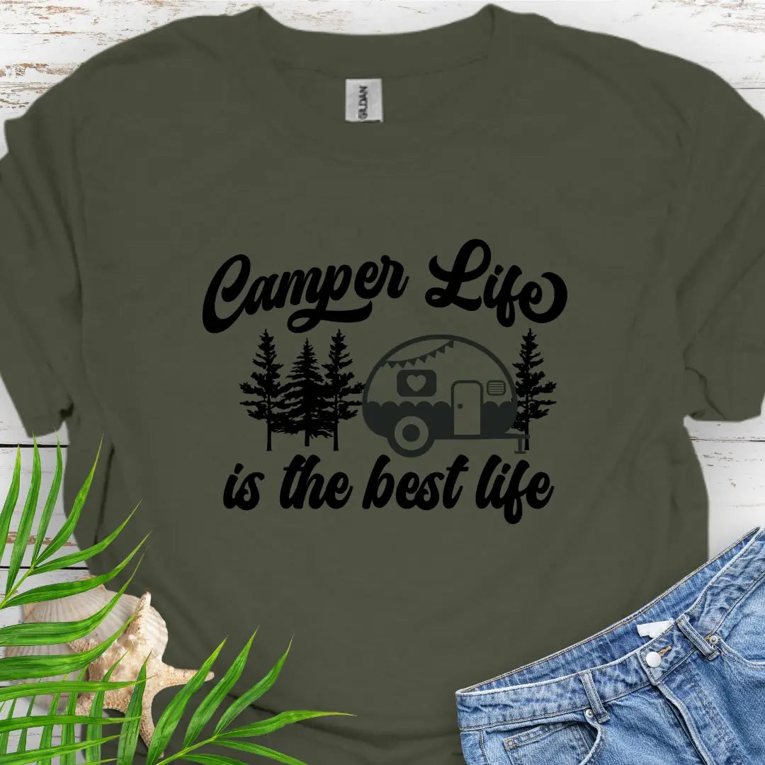 A cute vintage camper among the forest that says Camper Life is the good life in Military Green.