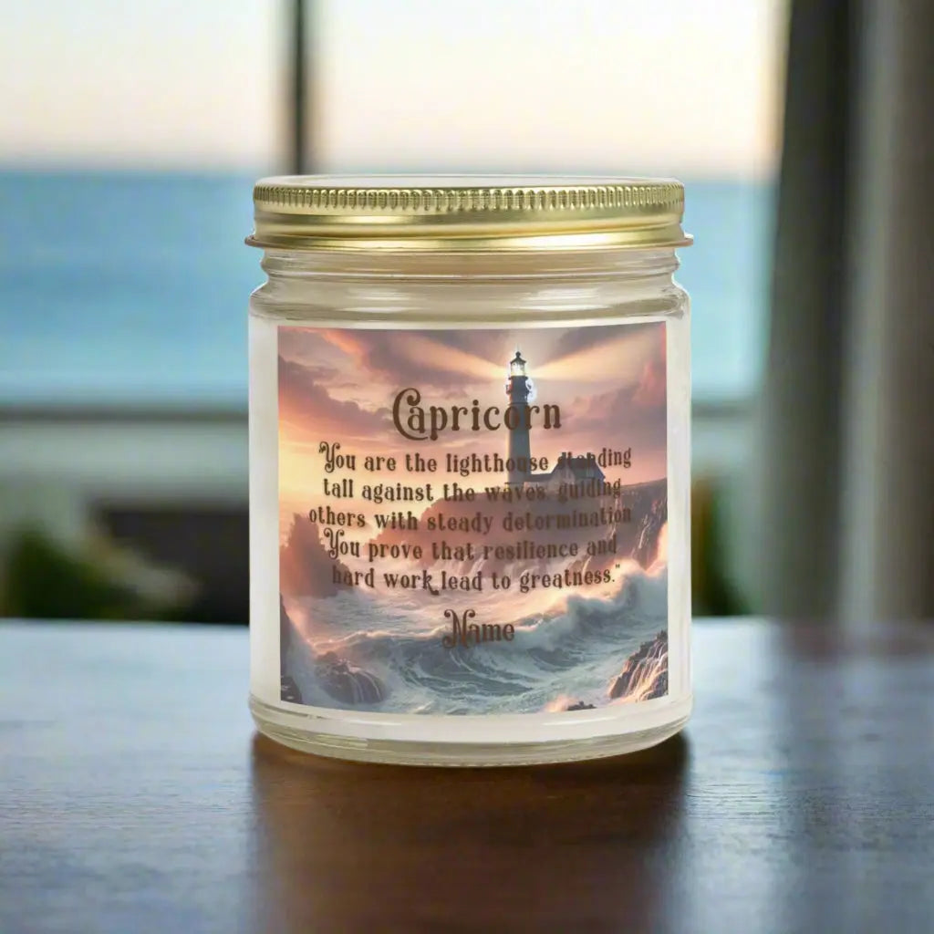 Elegant Capricorn Zodiac hand-poured coconut apricot wax scented candle in a 9 oz clear glass jar with gold lid, featuring a picture of crashing waves onto a lighthouse with an inspirational quote personalized. A beach-inspired astrology gift, perfect for relaxation and decor.